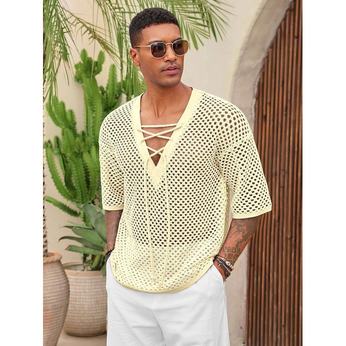 Чоловіча пляжна сорочка Runcati з шнурівкою, V-подібний виріз, в'язана, мереживна, прозора, літня (Бежевий, M)