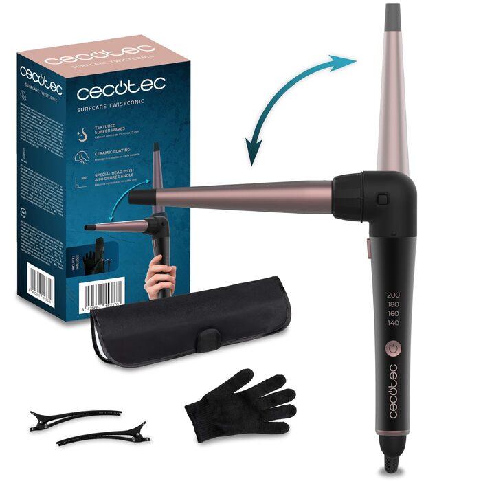 Керімічний конічний плой для волосся Cecotec Lockenstab SurfCare TwistConic (25-13 мм), 33 Вт — для створення природних хвиль та текстури
