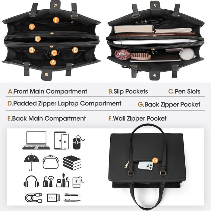 Жіноча сумка-шопер NEWHEY великого розміру з екошкіри (PU), сумка для ноутбука 15.6 дюймів, ділова сумка через плече для роботи, офісу та навчання, чорна