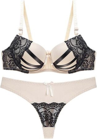 Сексуальна жіноча білизна: комплект з мереживом, V-подібний виріз, push-up, бежевий, Китай, розмір 42