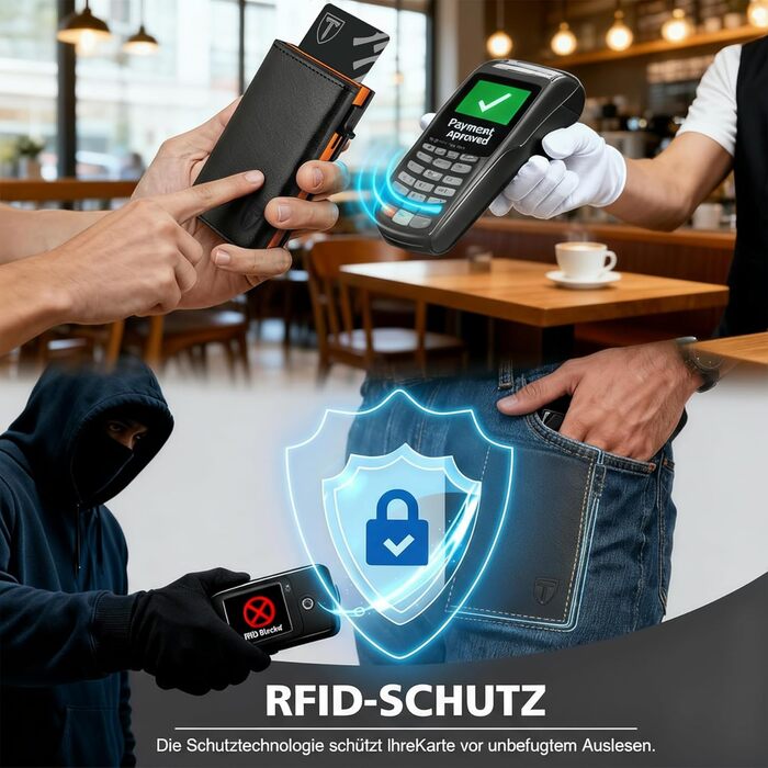 Тонкий чоловічий гаманець TENBST з RFID-захистом та монетницею, шкіряний картхолдер на 10 карток, Slim Wallet — Чорний та Помаранчевий