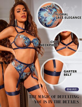 RSLOVE Комплекти нижньої білизни для жінок - Сексуальна спідня білизна з бретелями, мереживна піжама, комплект бюстгальтера та трусиків з стрічкою, XL, блакитний