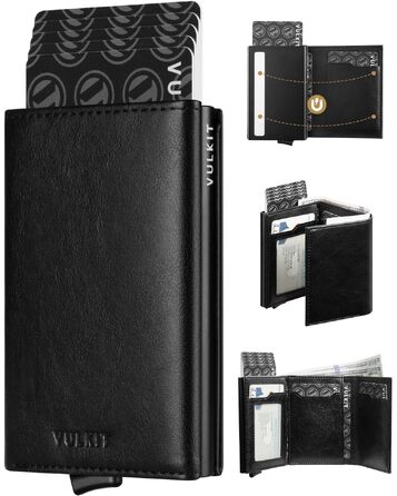 Шкіряний картхолдер VULKIT для чоловіків з Pop-up механізмом, RFID-захистом, відділенням для купюр та вікном для ID-картки, чорний