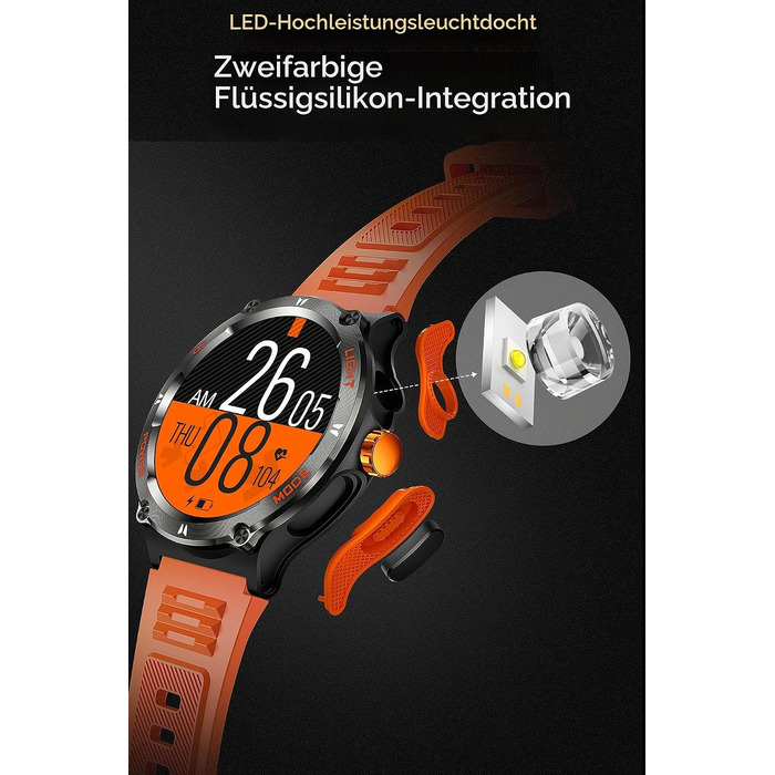 Смарт-годинник findtime Military — ударостійкий тактичний годинник з компасом, LED-ліхтариком, функцією дзвінків та моніторингом пульсу 24h, для Android та iOS (Помаранчевий)
