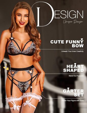 RSLOVE Daen Dessous Set - 3-частинний комплект спідньої білизни з мережива, тіло, боді, чорний, червоний (M, чорний Remix, срібло)