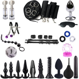 Набір для бондеражу SM 28 шт: феттери, наручники, фіксатори ніг, маска для очей, анальний плаг, кільце для статевого члена, соски, кліпси для сосків, кубик, анальна та вагінальна душі