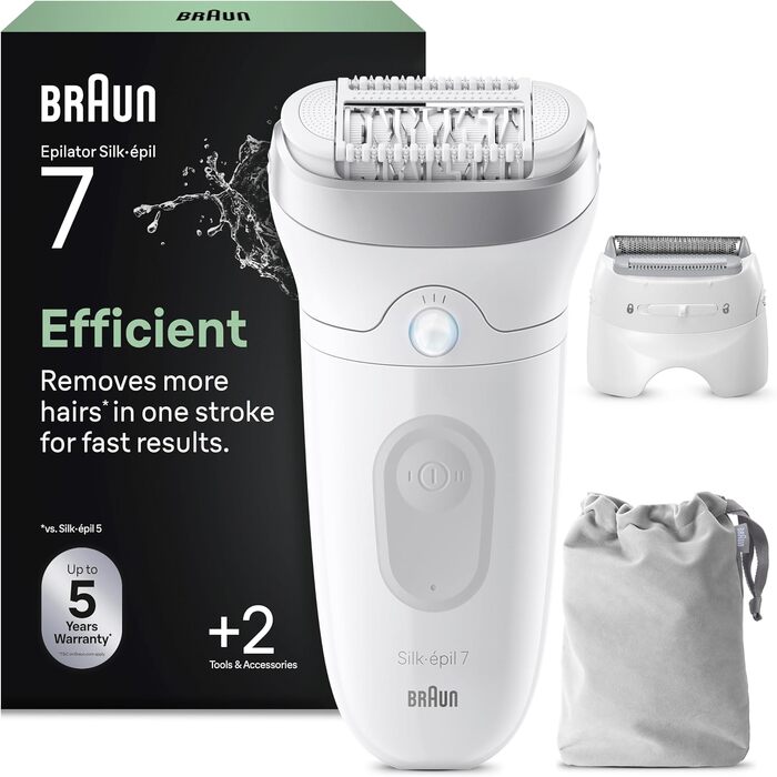 Епілятор Braun Silk-épil 7 (7-000) для жінок, електричний епілятор з широкою пінцетною головкою для вологого та сухого використання, білий/сріблястий