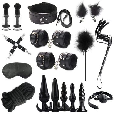 Набір для БДСМ: 26 предметів (наручники, анальні пробки, кільця для пеніса, чікер, кліпси для сосків, маска для очей, плеть, пристосування для фіксації рота)