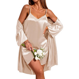 Світшот жіночий Екауер з нічною сорочкою, комплект сатину, сексуальна нічна сорочка, короткий халат, неглиже, весільний комплект, 2 шт., колір шампань, розмір XL
