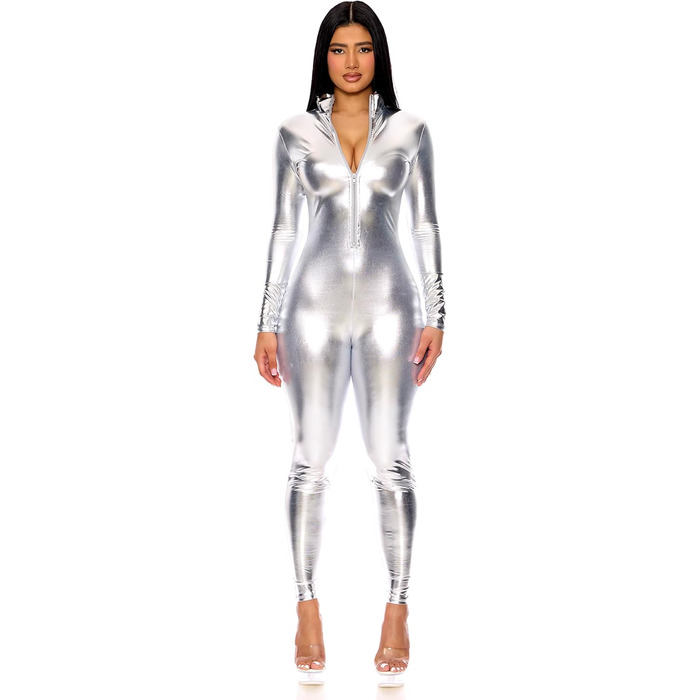 Костюм Forplay для жінок, металік, на блискавку, зі стійким коміром, карнавальний костюм на Геловін, США (S-M, сріблястий)