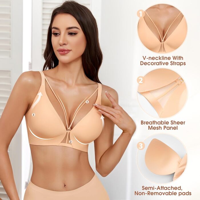 Бюстгальтер BH Daen без кісточок Push Up, сексуальний, безшовний, м'який, для сну, V-подібний виріз, класичний (Nude, L)