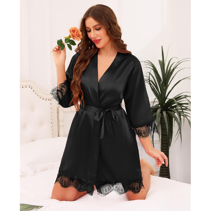 Кимоно жіноче коротке з мереживом Ovasy Satin Bademante, чорний, розмір L