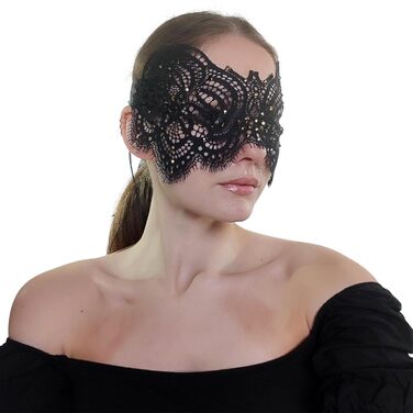 Чорна мереживна маска для жінок з блакитними стразами – венеціанська маска для маскарату, карнавалу, Хелловіну, вечірки, Фашинг, бал-маскарад, ручна робота, елегантна маска для очей (Чорний (блакитні стрази))