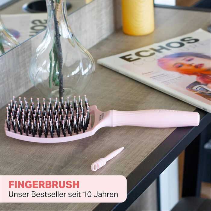 Щітка для волосся Olivia Garden Fingerbrush Care Iconic з щетиною кабана та нейлоном для гладкого стайлінгу та блиску, Large, Pastel Pink
