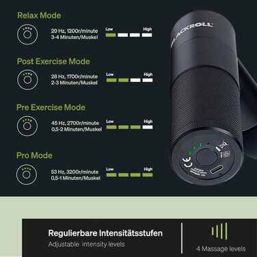 Міні-перкусійний масажер BLACKROLL® FASCIA GUN для м'язів та фасцій, 4 насадки, 4 рівні інтенсивності, зарядка USB-C