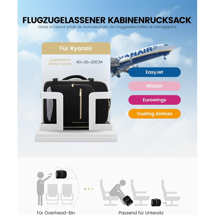 Дорожній рюкзак LOVEVOOK для ручної поклажі Ryanair/Wizz Air 40x30x20 см, сумка в літак для ноутбука 13.3 дюйма, чорно-сірий