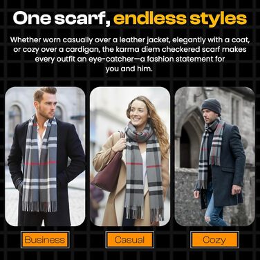 Унісекс шарф у клітинку KARMA.DIEM London Style, м'який зимовий шарф для жінок та чоловіків, сірий, 35x170 см