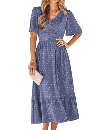 Сукня літня жіноча BebreezChic Boho-шик довга з V-поглибленням, висока талія, швейцарська сітка, квітковий принт, пляжна максі-сукня (XL, блакитно-фіолетова)