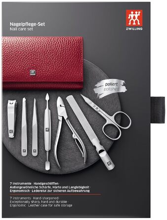 Професійний набір для манікюру та педикюру ZWILLING Premium Edition, 7 предметів, зі шкіряним дорожнім футляром, полірована нержавіюча сталь (Червоний)