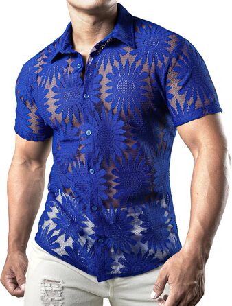 Чоловіча сорочка JOGA з мереживом, короткий рукав, літня, для відпочинку (XXL, Королівський соняшник)
