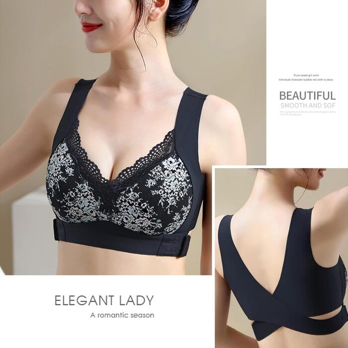 Чорний бюстгальтер Necalisi без кісточок з застібкою на блискавку спереду, мереживний, з перехресними бретелями, квітковий, сексуальний, топ-кроп, бюстгальтер без кісточок, пуш-ап, екстремальний (50 / 115D)