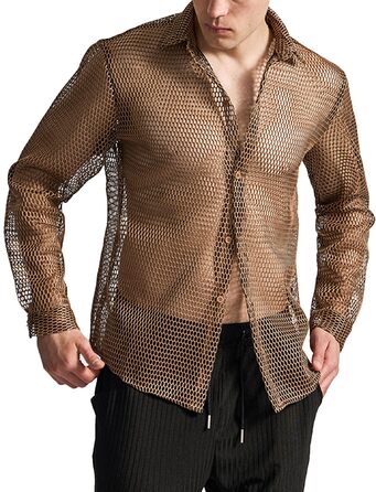 Чоловіча сітчаста сорочка з довгим рукавом AIEOE, сітчаста сорочка Fishnet, прозора футболка з м'язами, сорочка на ґудзиках, сітчаста сорочка, S-XXL, коричнева XL