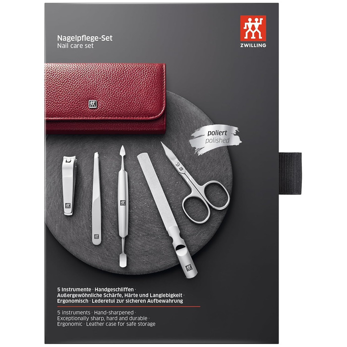 Набір для манікюру та педикюру ZWILLING (5 предметів), дорожній набір зі сталі з шкіряним футляром, червоний