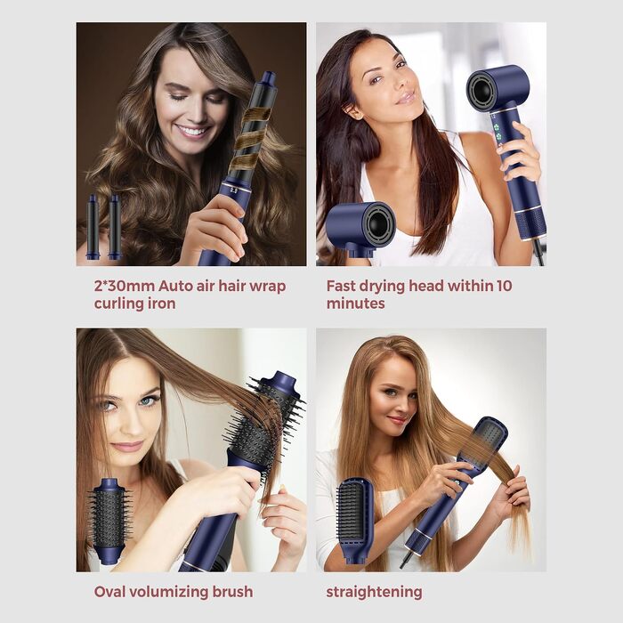 Мультистайлер для волосся 6 в 1 MogaWave Hairstyler Pro Airbrush: стайлер з феном, круглою щіткою для об'єму, вирівнювачем та насадками для завивки (Синій)
