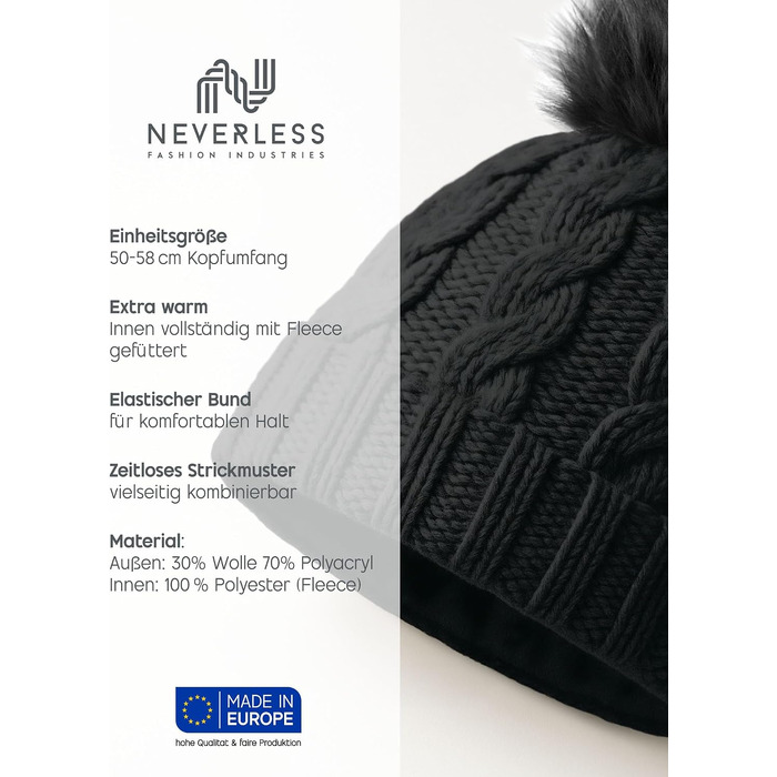 Жіноча зимова в'язана шапка Neverless з флісовою підкладкою та помпоном зі штучного хутра, модель 2207, чорна (універсальний розмір)