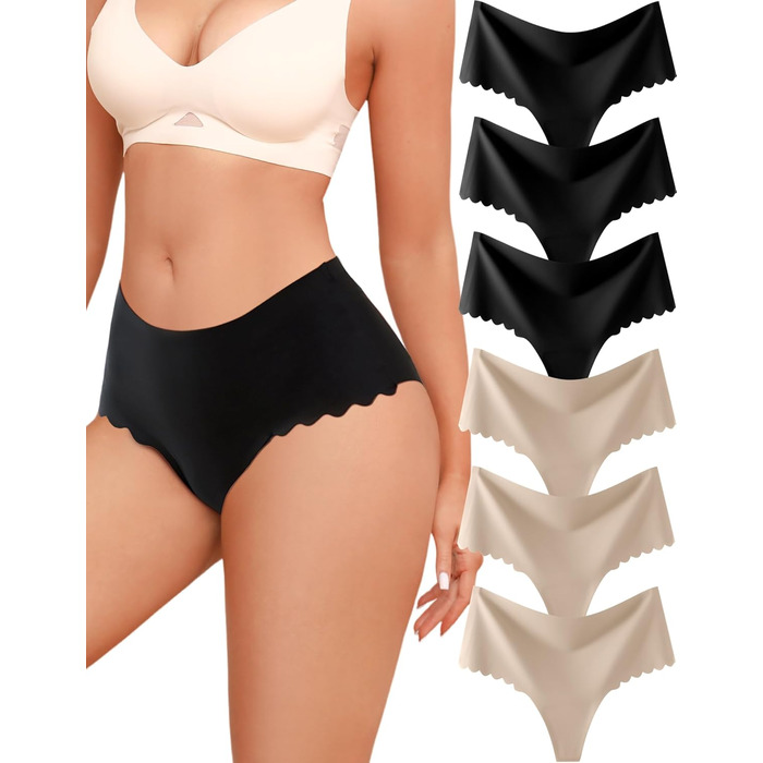 Тонгі жіночі A of SHE з високою талією, 6 шт. в упаковці, безшовні, з хвилястим краєм, сексуальні труси (M)