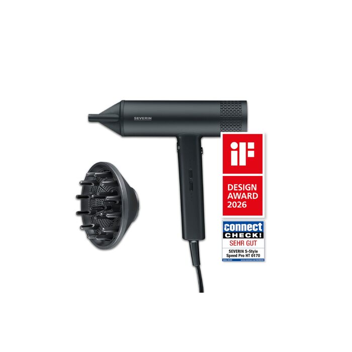 Іонний фен для волосся Severin HT 0172 S-Style, 2000 Вт, з дифузором та концентратором, антифриз-ефект, 3 режими температури та потужності, чорний матовий