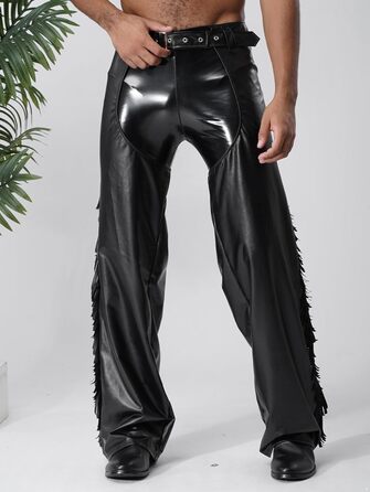 Чоловічі штани з еластичної шкіри (лак) TiaoBug, чорні, XL. Штани з еластичної шкіри, лакові, з бахромою, для вечірок та клубів