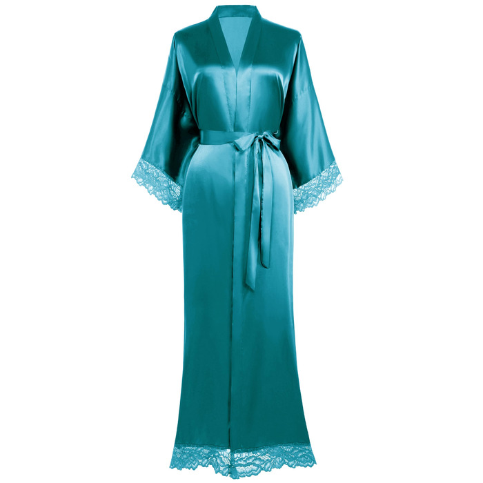 Халат жіночий довгий/короткий однотонний мереживний, шовковий сатин, кімоно, для дому, літній, BABEYOND, універсальний розмір (єдиний розмір, блакитний павич)