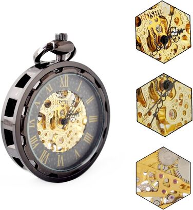 Чоловічий кишеньковий механічний годинник BOSHIYA Vintage Steampunk: скелетон, підзавод, з ланцюжком (чорний циферблат, круглий корпус)