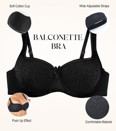 Дирндль бюстгальтер Lemorosy для жінок з кісточками, balconette, з м'якими широкими бретелями, чорний 85B