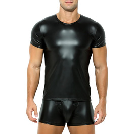 Чоловіча латексна футболка чорного кольору з ефектом шкіри. Футболка з короткими рукавами, під сорочку, для клубів, гудівер, скінхед, для відпочинку, літня мускульна майка, лак, шкіра, вініл, чорний колір