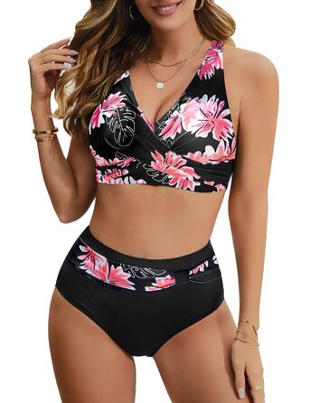 Бікіні жіночий комплект Nadeer: сексуальний V-подібний виріз, push-up, двочастинний, висока талія, рожевий, квітковий принт