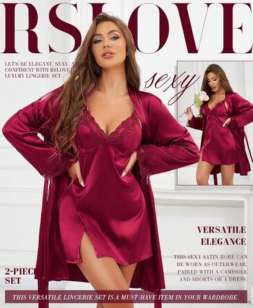 Комплект ніжної піжами RSLOVE Daen Satin з мереживом: халат та трусики (бордовий, L)