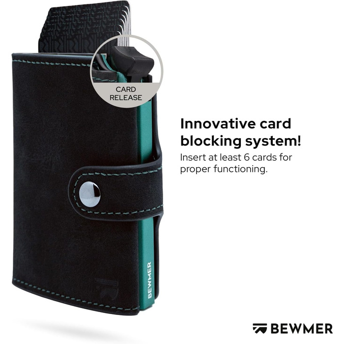 Слім-гаманець BEWMER v2 з монетницею та RFID-захистом для чоловіків та жінок, картхолдер з антиклонінгом на 9 карток та відділенням для купюр (Чорний-бірюзовий)