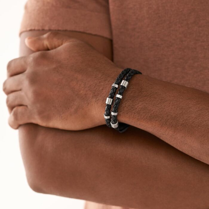 Чоловічий шкіряний браслет Fossil Casual Texture з магнітною застібкою або замком, колір: насичений чорний