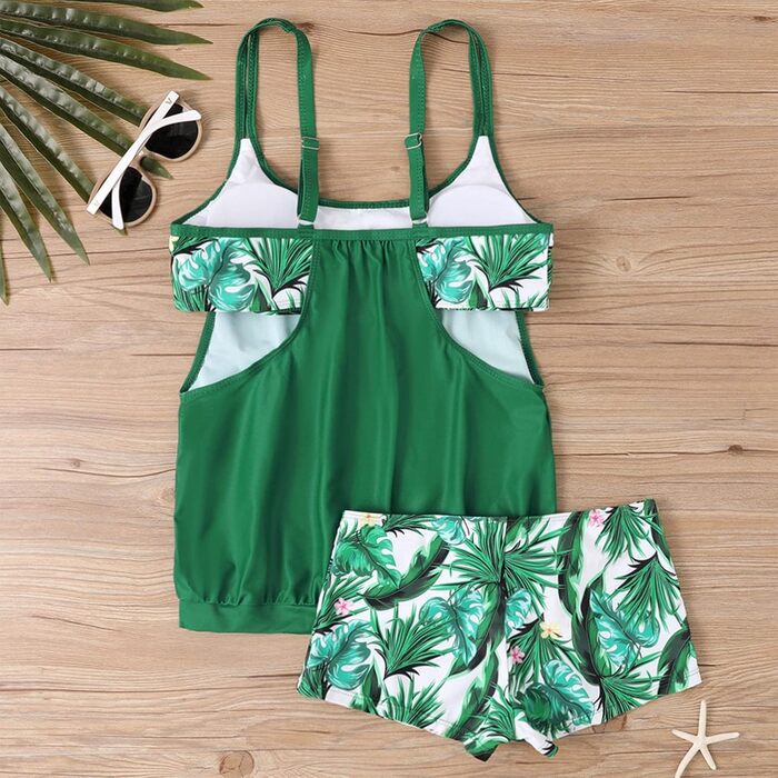 Tankini жіночий з ефектом корекції фігури, пляжний купальник роздільний, великий розмір, білий/зелений (M)
