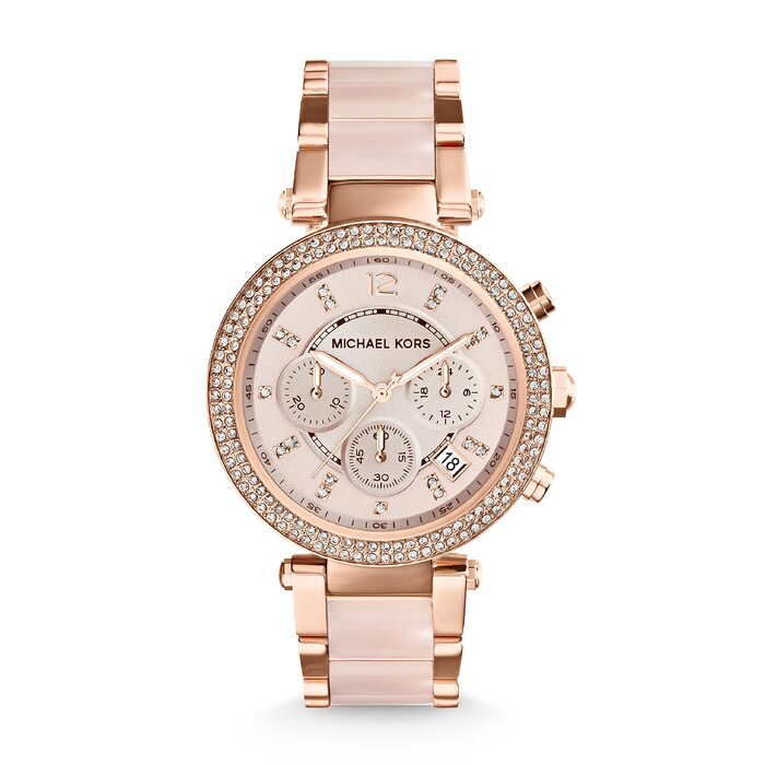Жіночий годинник Michael Kors Parker кварцовий хронограф, сталевий ремінець, 39 мм, колір рожеве золото та світло-рожевий