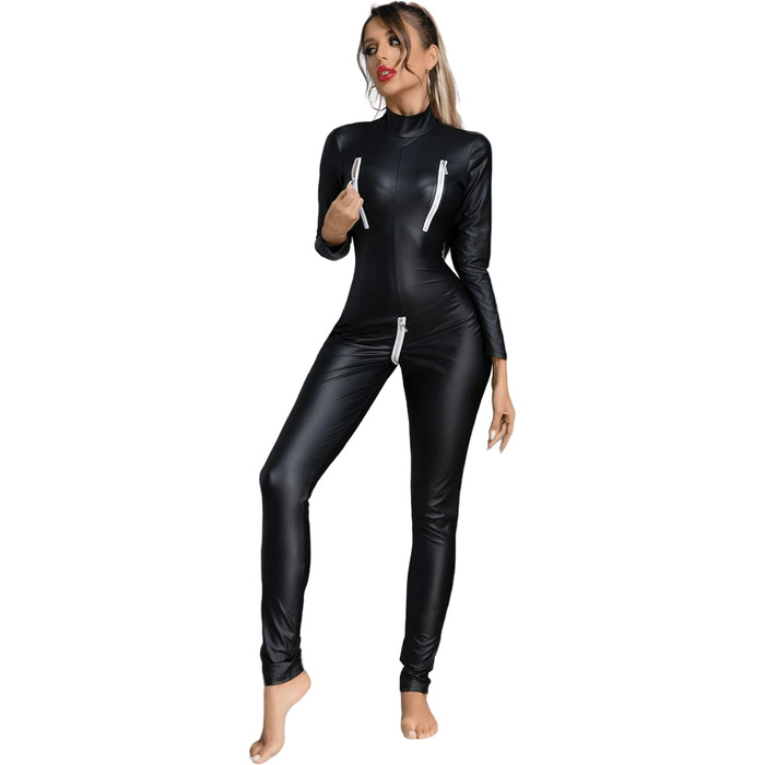 Комбінезон FEOYA з еластичної шкіри (латексу) для жінок, довгим рукавом, блискучий, для сцени, вечірки, клубу, XL, чорний