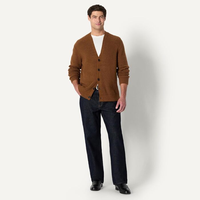 Чоловічий в'язаний кардиган Amazon Essentials вільного крою (Relaxed Fit), суміш бавовни, колір карамельний верес, розмір L