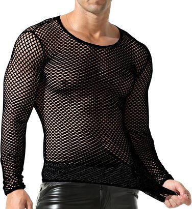 Чоловіча сітчаста футболка QiaTi з довгим рукавом, прозора, мереживна, чорна