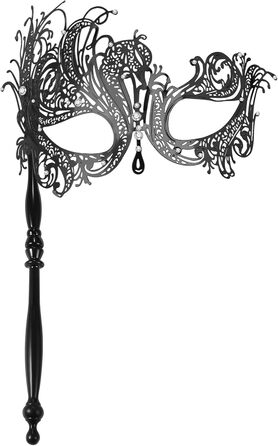 Венеціанська маска JewelryWe з держальником для жінок, металева маска з кристалами для маскараду, аксесуар до костюма для Хелловіну, карнавалу, вечірки, маскараду (чорна)