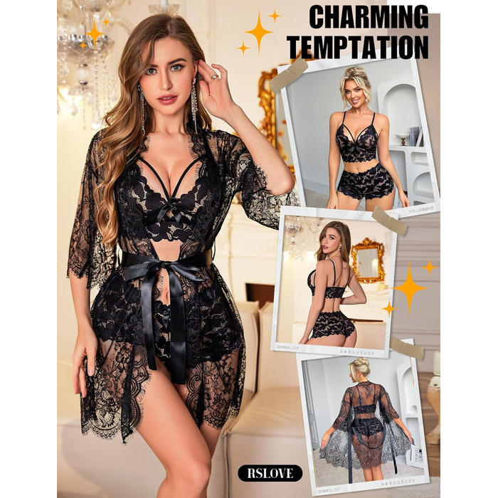 RSLOVE Комплект спідньої білизни з мереживом - сексуальна нічна сорочка, бюстгальтер та труси, темно-синій (S, Чорний)