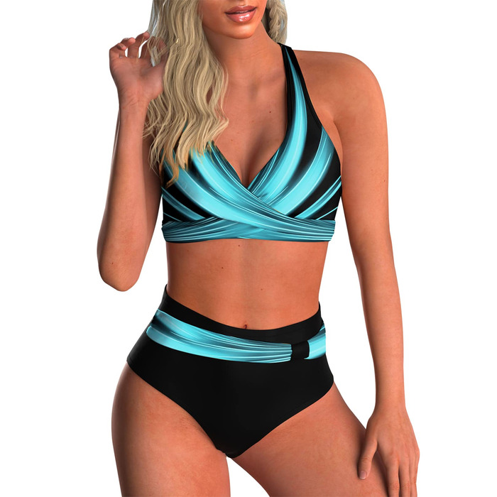 Жіночий двочастинний купальник Adigaber з V-подібним вирізом, квітковий принт, бікіні з животом, комплект M, синій у смужку