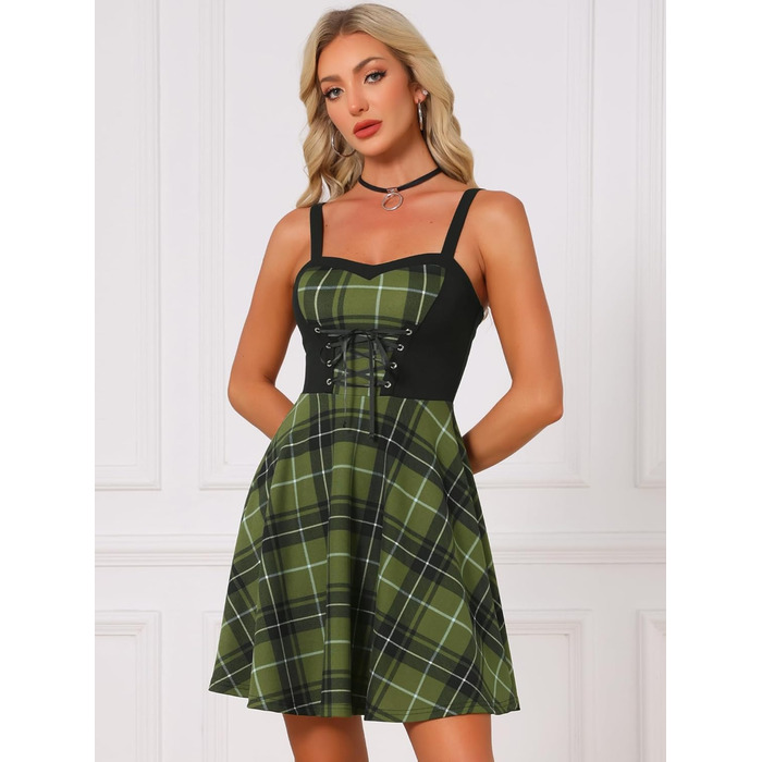 Allegra K: Сукня-батал з шнурівкою, готичний стиль, без рукавів, тартан, міні, зелений (хакі)
