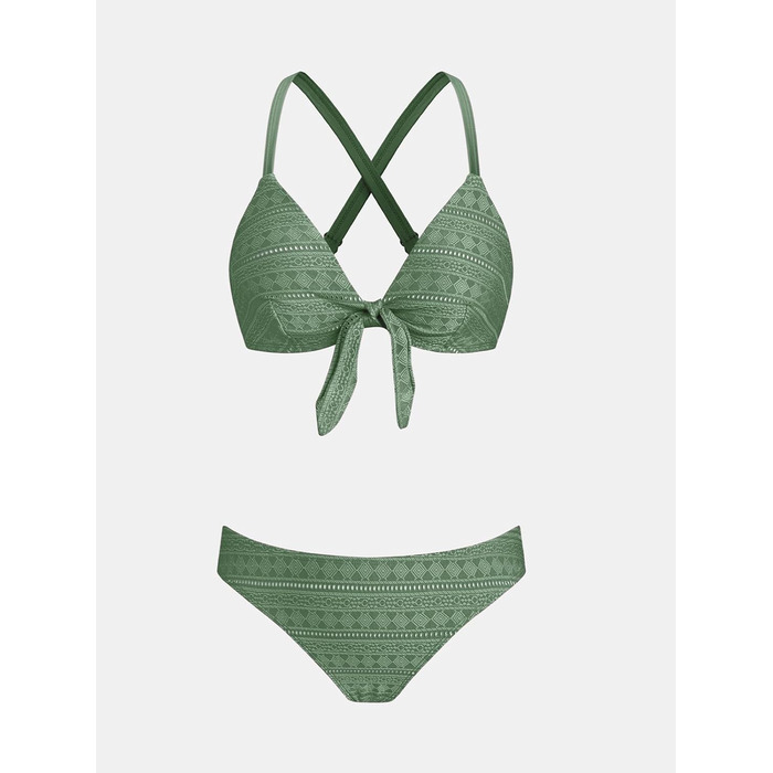 CUPSHE Bikini Set Daen: Роздільний купальник з V-подібним вирізом та зав'язками спереду, низька посадка, крос-бек, темно-зелений візерунок (M, світло-зелений, текстурований)